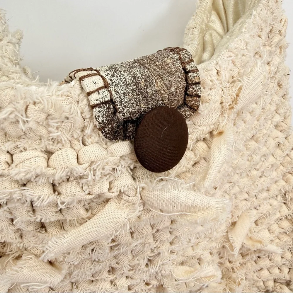 Handmade Boho Crochet Crossbody Bag Leather Trim‎ Satin Lined Neutral Rustic - Picture 3 of 15